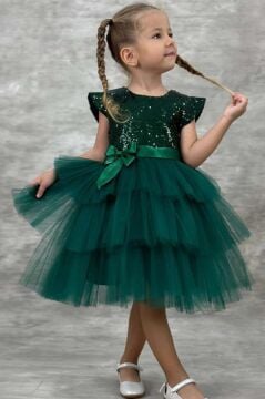 Kız Çocuk Üstü Pulpayet İşlemeli Katkat Yeşil Abiye 4-9 Yaş