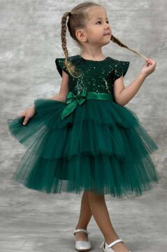 Kız Çocuk Üstü Pulpayet İşlemeli Katkat Yeşil Abiye 4-9 Yaş