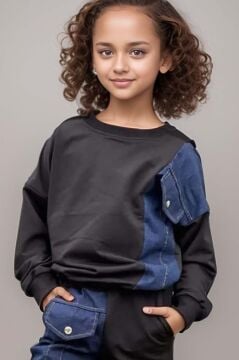 Kız Çocuk Kot Detaylı Cepli Aplike Siyah Eşofman Takım