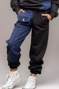 Kız Çocuk Kot Detaylı Cepli Aplike Siyah Eşofman Takım