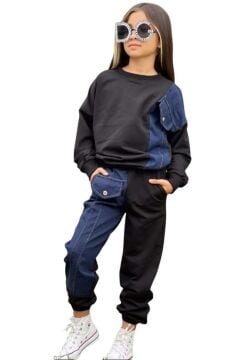 Kız Çocuk Kot Detaylı Cepli Aplike Siyah Eşofman Takım