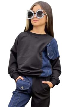 Kız Çocuk Kot Detaylı Cepli Aplike Siyah Eşofman Takım