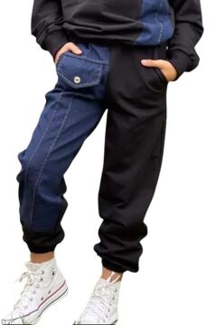 Kız Çocuk Kot Detaylı Cepli Aplike Siyah Eşofman Takım