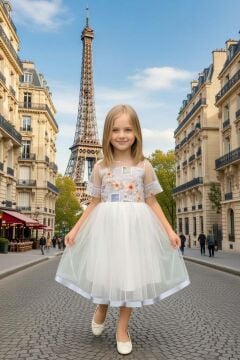 Kız Çocuk Etek Ucu Şerit ve Göğsü Gül Baskılı Yakası Şeffaf Gri Elbise