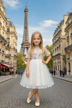 Kız Çocuk Etek Ucu Şerit ve Göğsü Gül Baskılı Yakası Şeffaf Gri Elbise