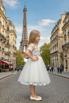 Kız Çocuk Etek Ucu Şerit ve Göğsü Gül Baskılı Yakası Şeffaf Gri Elbise