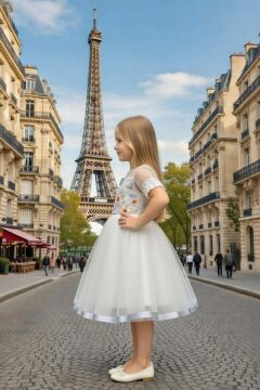 Kız Çocuk Etek Ucu Şerit ve Göğsü Gül Baskılı Yakası Şeffaf Gri Elbise