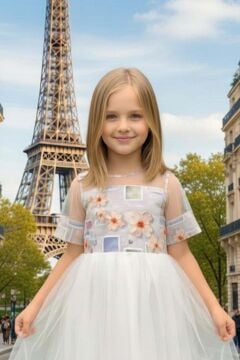 Kız Çocuk Etek Ucu Şerit ve Göğsü Gül Baskılı Yakası Şeffaf Gri Elbise