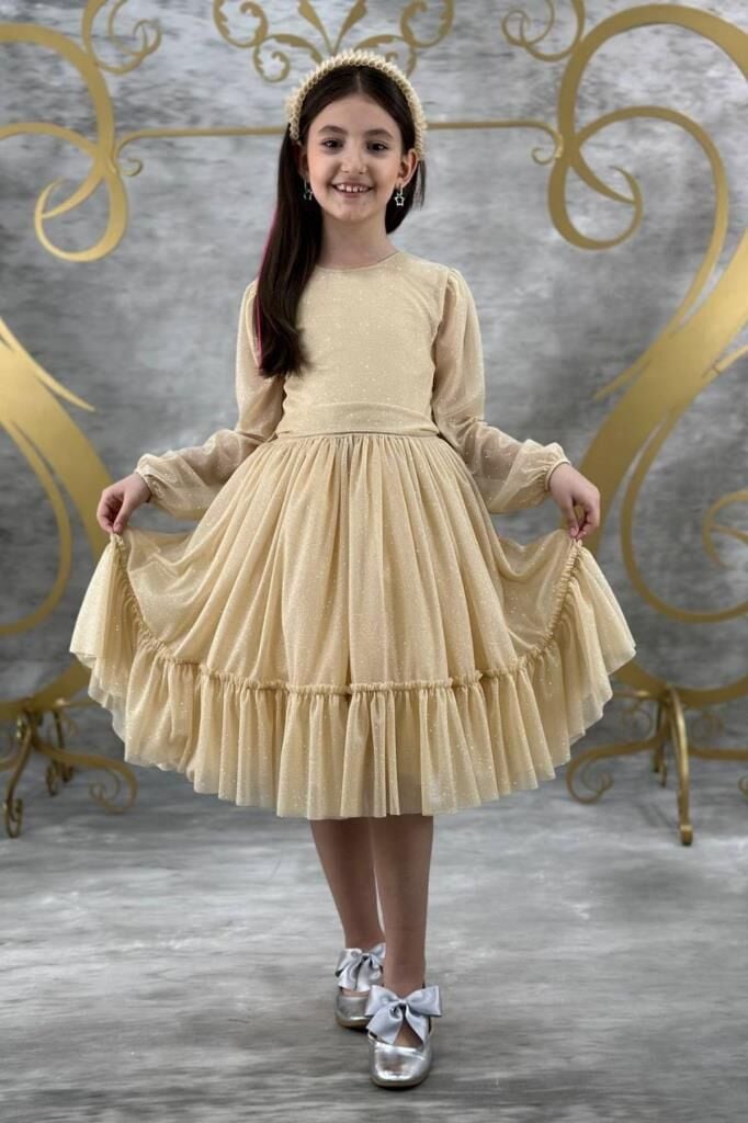 Kız Çocuk Sıfır Yaka Kolları Transparan Eteği Tüllü Simli Gold Abiye