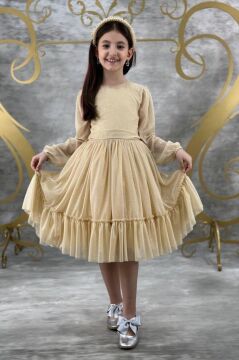 Kız Çocuk Sıfır Yaka Kolları Transparan Eteği Tüllü Simli Gold Abiye