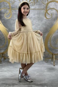 Kız Çocuk Sıfır Yaka Kolları Transparan Eteği Tüllü Simli Gold Abiye