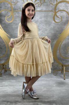 Kız Çocuk Sıfır Yaka Kolları Transparan Eteği Tüllü Simli Gold Abiye