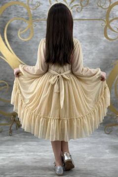 Kız Çocuk Sıfır Yaka Kolları Transparan Eteği Tüllü Simli Gold Abiye