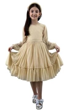 Kız Çocuk Sıfır Yaka Kolları Transparan Eteği Tüllü Simli Gold Abiye