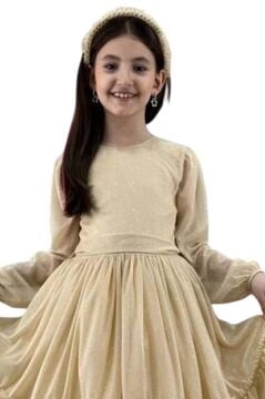 Kız Çocuk Sıfır Yaka Kolları Transparan Eteği Tüllü Simli Gold Abiye