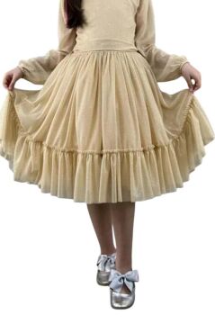 Kız Çocuk Sıfır Yaka Kolları Transparan Eteği Tüllü Simli Gold Abiye