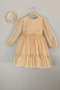 Kız Çocuk Sıfır Yaka Kolları Transparan Eteği Tüllü Simli Gold Abiye