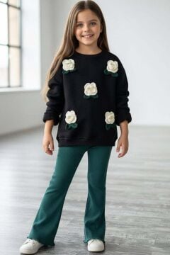 Kız Çocuk Üzeri Gül Figürlü 3 İplik Siyah Kazak Bol Kesim Skuba Kumaş Alt Üst Takım