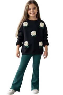 Kız Çocuk Üzeri Gül Figürlü 3 İplik Siyah Kazak Bol Kesim Skuba Kumaş Alt Üst Takım