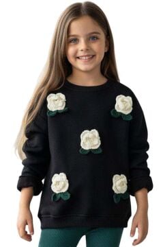 Kız Çocuk Üzeri Gül Figürlü 3 İplik Siyah Kazak Bol Kesim Skuba Kumaş Alt Üst Takım
