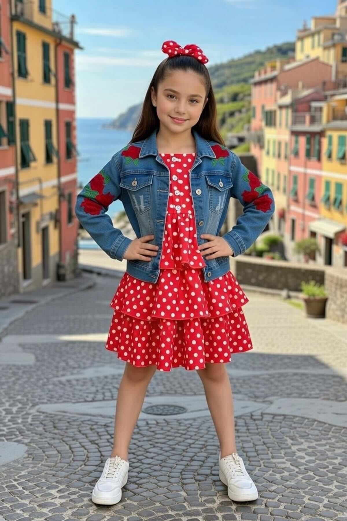 Kız Çocuk Kare Yaka Üzeri Benekli Kot Ceketli Pileli Kırmızı Elbise