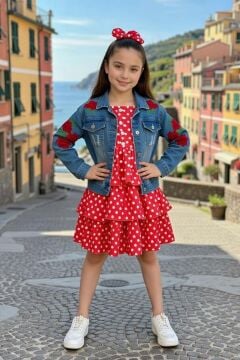 Kız Çocuk Kare Yaka Üzeri Benekli Kot Ceketli Pileli Kırmızı Elbise