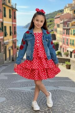 Kız Çocuk Kare Yaka Üzeri Benekli Kot Ceketli Pileli Kırmızı Elbise