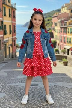 Kız Çocuk Kare Yaka Üzeri Benekli Kot Ceketli Pileli Kırmızı Elbise