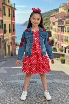 Kız Çocuk Kare Yaka Üzeri Benekli Kot Ceketli Pileli Kırmızı Elbise