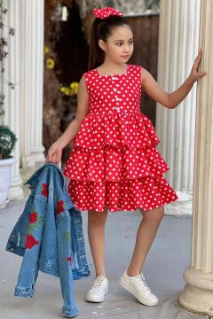 Kız Çocuk Kare Yaka Üzeri Benekli Kot Ceketli Pileli Kırmızı Elbise