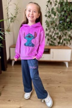 Kız Çocuk Stitch Karakter Baskılı Pullu Sweatshirt Mor Kadife Eşofman Takım