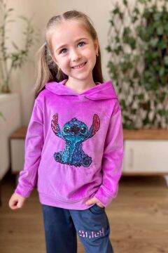 Kız Çocuk Stitch Karakter Baskılı Pullu Sweatshirt Mor Kadife Eşofman Takım