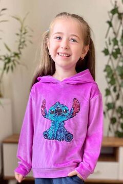 Kız Çocuk Stitch Karakter Baskılı Pullu Sweatshirt Mor Kadife Eşofman Takım