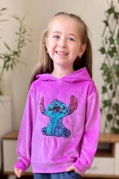 Kız Çocuk Stitch Karakter Baskılı Pullu Sweatshirt Mor Kadife Eşofman Takım