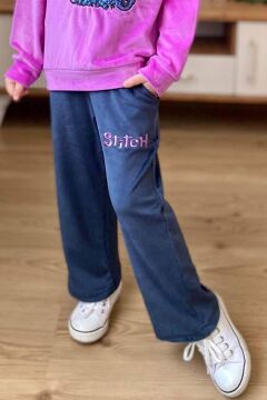 Kız Çocuk Stitch Karakter Baskılı Pullu Sweatshirt Mor Kadife Eşofman Takım