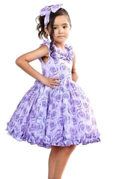 Kız Çocuk Yakası ve Etek Ucu Fırfırlı Üzeri Gül Baskılı Kolsuz Lila Elbise