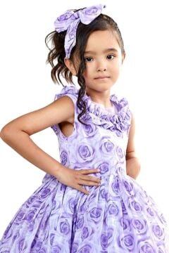 Kız Çocuk Yakası ve Etek Ucu Fırfırlı Üzeri Gül Baskılı Kolsuz Lila Elbise