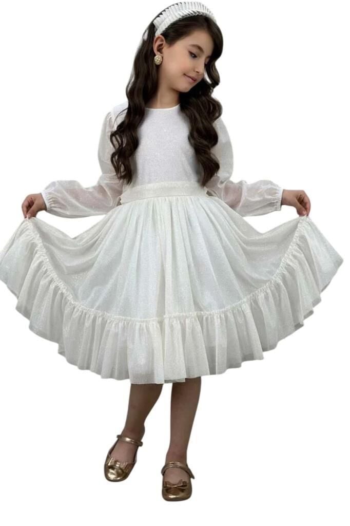Kız Çocuk Sıfır Yaka Kolları Transparan Eteği Tüllü Simli Beyaz Abiye