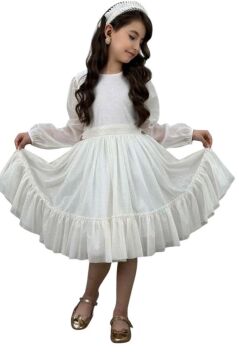 Kız Çocuk Sıfır Yaka Kolları Transparan Eteği Tüllü Simli Beyaz Abiye