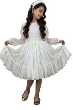 Kız Çocuk Sıfır Yaka Kolları Transparan Eteği Tüllü Simli Beyaz Abiye