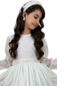 Kız Çocuk Sıfır Yaka Kolları Transparan Eteği Tüllü Simli Beyaz Abiye