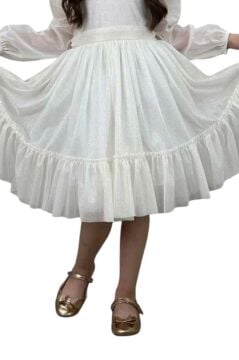 Kız Çocuk Sıfır Yaka Kolları Transparan Eteği Tüllü Simli Beyaz Abiye