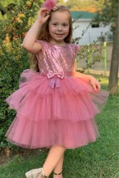 Kız Çocuk Üstü Pulpayet İşlemeli Katkat Gül Kurusu Abiye 4-7 Yaş