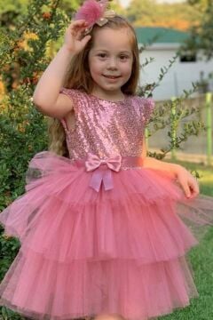 Kız Çocuk Üstü Pulpayet İşlemeli Katkat Gül Kurusu Abiye 4-7 Yaş