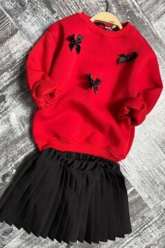 Kız Çocuk Kurdela Detaylı 3 İplik Kazak Pileli Siyah Etekli Takım