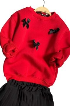 Kız Çocuk Kurdela Detaylı 3 İplik Kazak Pileli Siyah Etekli Takım