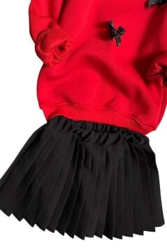 Kız Çocuk Kurdela Detaylı 3 İplik Kazak Pileli Siyah Etekli Takım