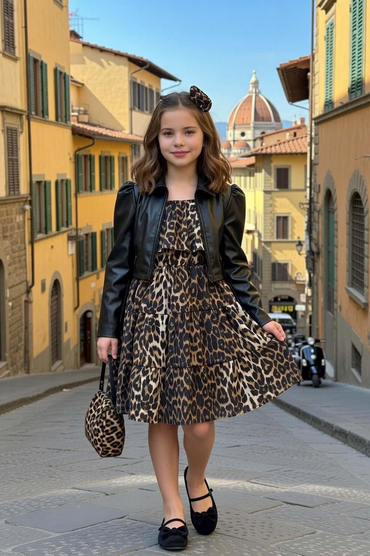 Kız Çocuk Üzeri Leopar Detaylı Karpuz Kol Deri Ceketli Kehribar Elbise