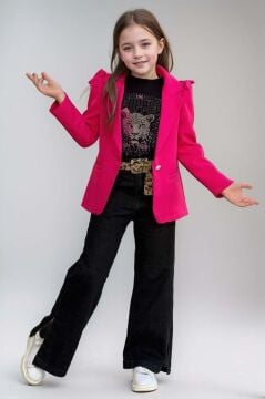 Kız Çocuk Leopar Yazı ve Digital Baskılı Tişört Bol Kesim Pantolon Fuşya Blazer Ceket Alt Üst Takım