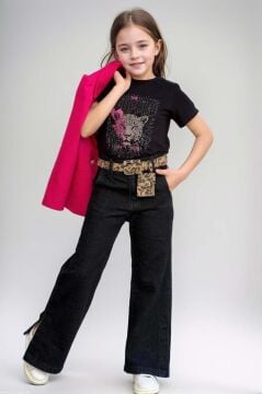 Kız Çocuk Leopar Yazı ve Digital Baskılı Tişört Bol Kesim Pantolon Fuşya Blazer Ceket Alt Üst Takım